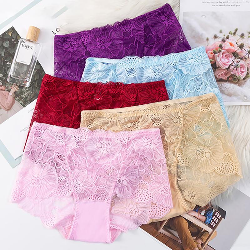 Women High Waist Lace Panty Plus Size Seamless Underwear Solid Color Hollow Out Soft Breathable Briefs