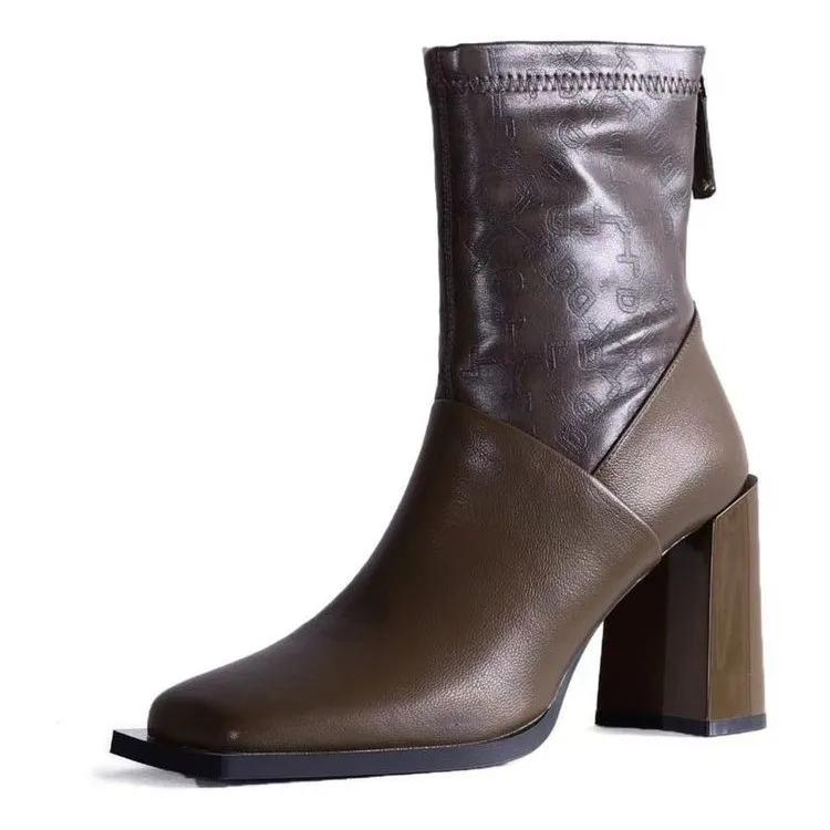 High Heel Short Boots Women's  Autumn and Winter New Square Toe Thick Heel  Boots Slimming Chelsea Boots