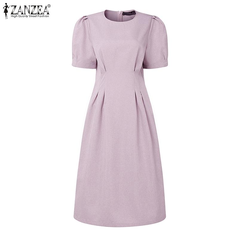 ZANZEA Women Casual Round Neck Solid Color Summer Short Sleeve Dress