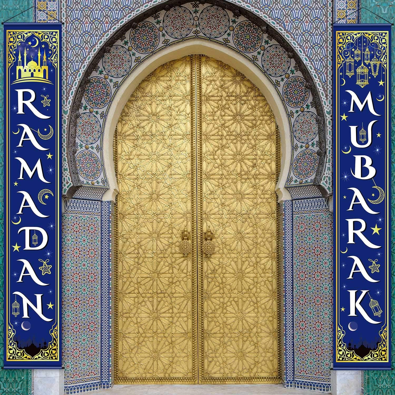 Blulu Ramadan Mubarak Door Banner Ramadan Porch Sign Banner Eid Mubarak Decoration Muslim Hanging Door Decoration for Indoor Outdoor Decor Eid