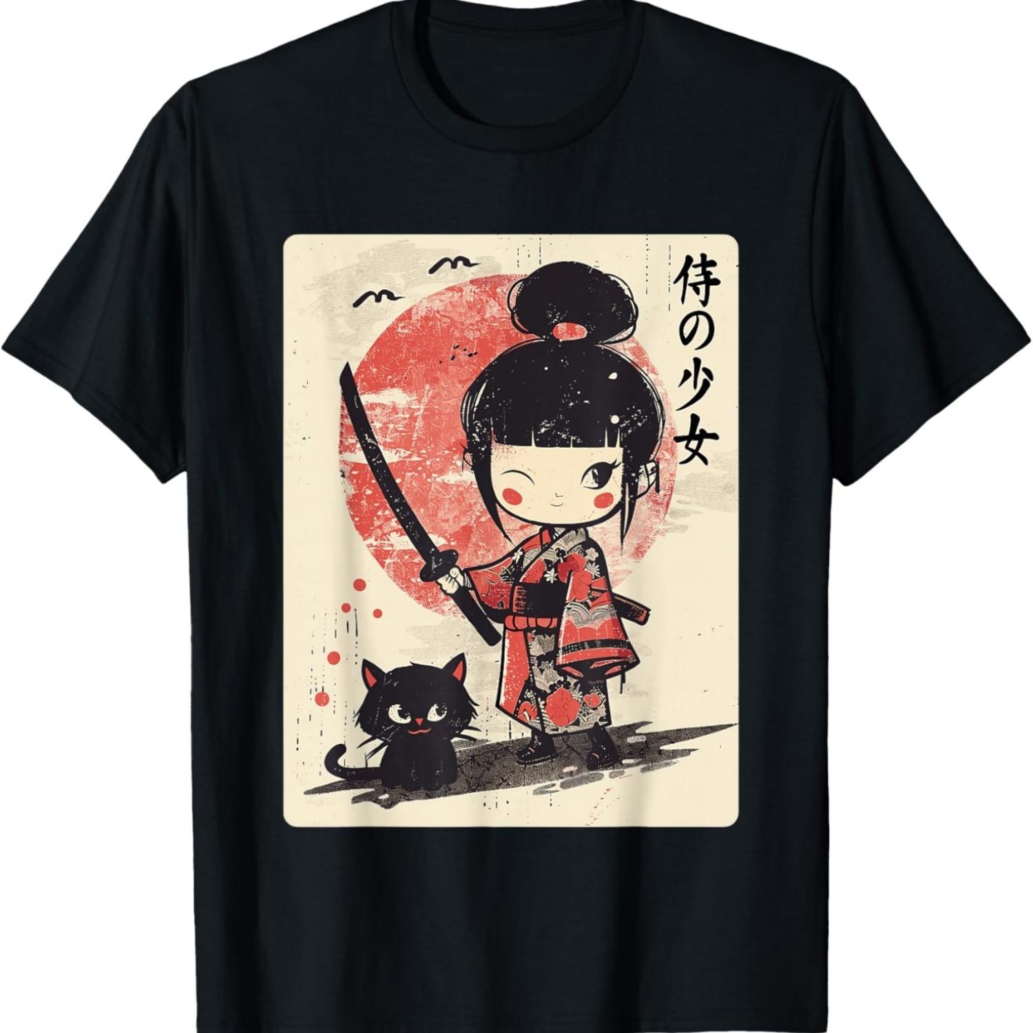 Cute Kawaii Samurai Girl with Katana & Cat  Anime T-Shirt(1) S чёрный