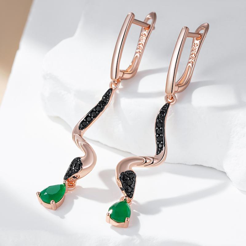 Green Natural Zircon Snake Drop Earrings For Women  Rose Gold And Black Plating Vintage Animal Daily Punk Jewelry
