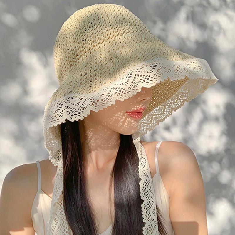 Women's Summer Crochet Straw Hat Wide Brim Ribbon Lace Edge Sun Hat Outdoor Seaside Foldable Sunshade Hat
