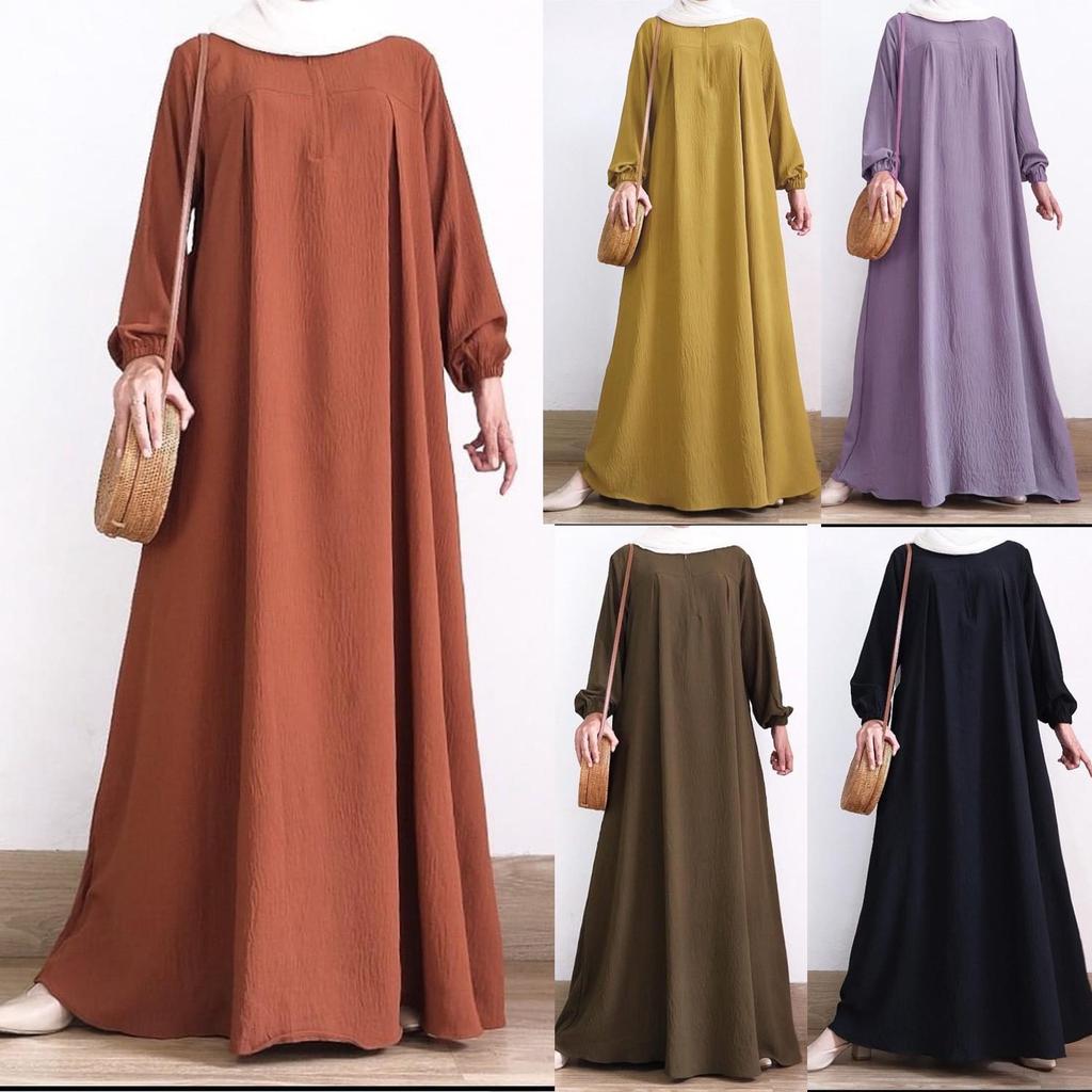 2024 Middle East Muslim Women's Puff Sleeve Dress with Zipper Placket and Elastic Cuffs