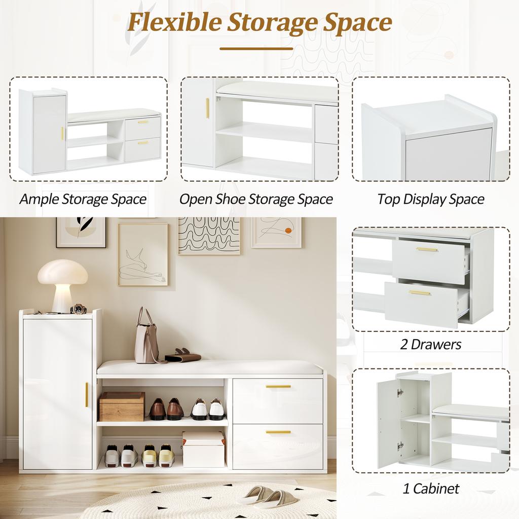 Scarpiera 128*30*68cm con 2 Cassetti 1 Armadietto, Panca Scarpiera Laccata Lucida con Imbottitura e Contenitore, Adatta per Soggiorno, Ingresso, Ufficio, Bianca