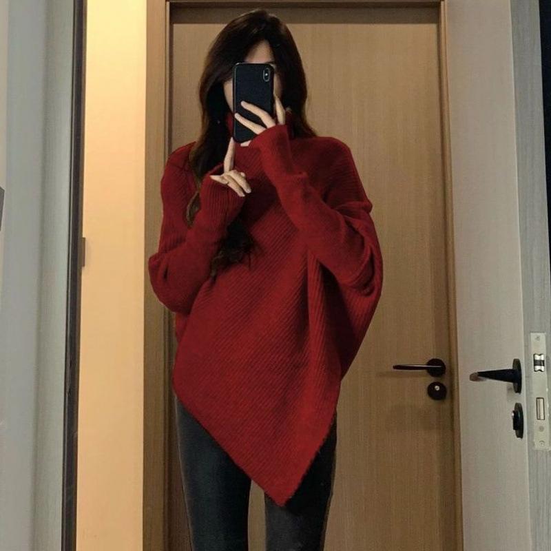 

Женский свитер-пуловер с высоким воротом и асимметричным кроем 2024 года — корейский нежный стиль Red [Premium Quality]