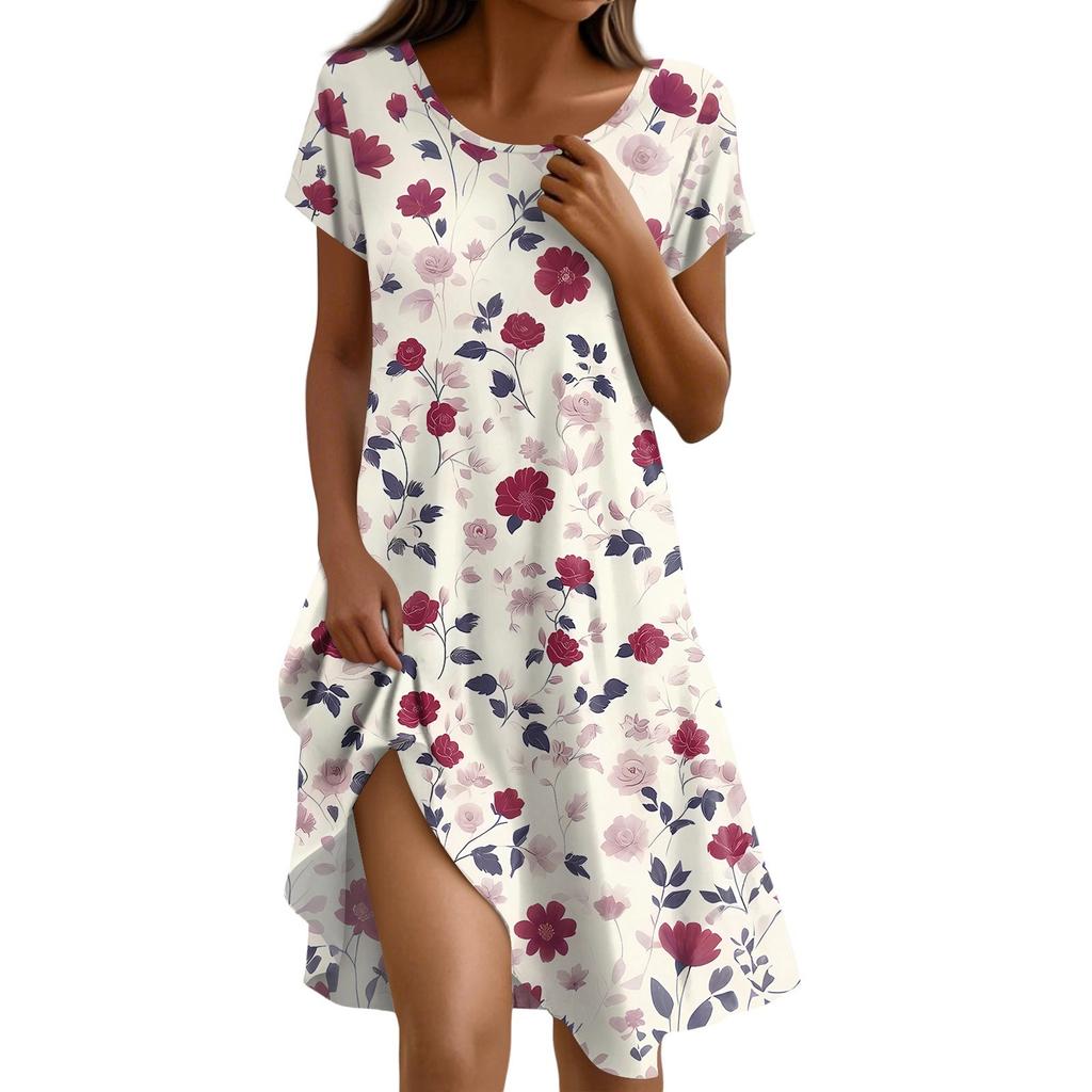 Short Sleeve Boho Dress For Women Casual Loose Fit Sundress Print Round Neck Dress With Pockets