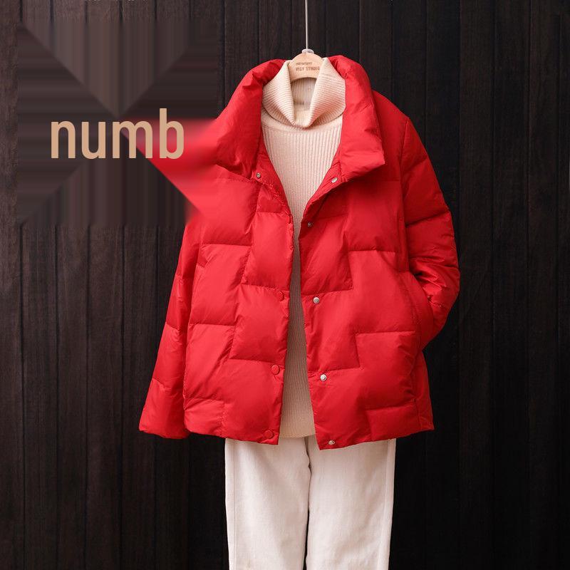 Women's Petite White Duck Down Short Jacket - Fashionable Stand-up Collar, Autumn/Winter, Loose Bread Style, Warm Coat.