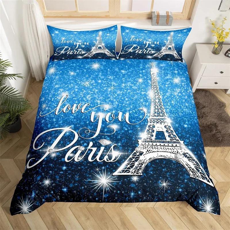 Paris Duvet Cover Set Eiffel Tower Bedding Set Queen Polyester Romantic French Flower Quilt Cover For Girl Teen Women Room Decor