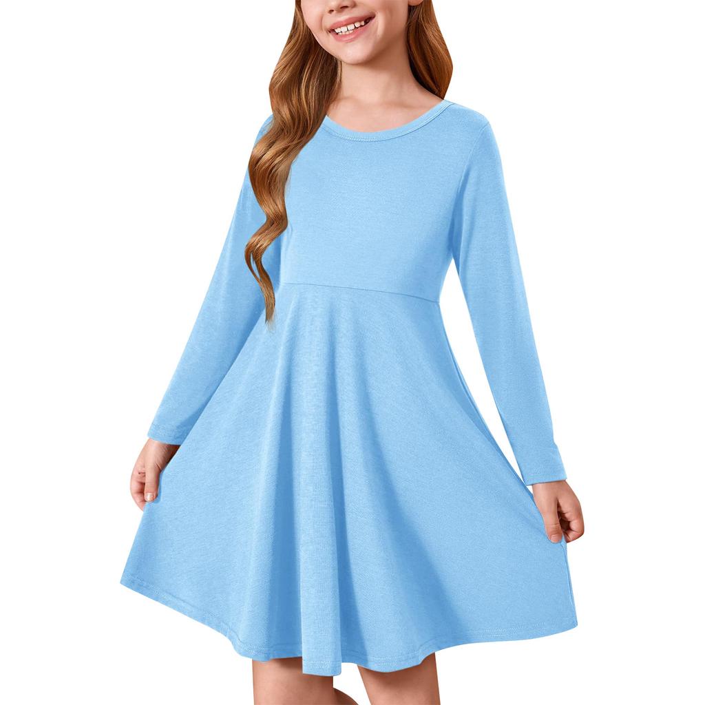 Girl's Contrast Mesh Puff Long Sleeve High Waist A Line Short Dress