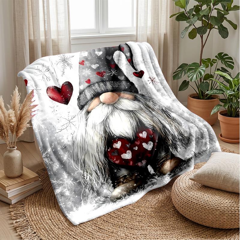 Snowy Gnome with Hearts Theme Blanket Lightweight Warm Flannel Blanket Decorative Throw Blanket for Home Decoration