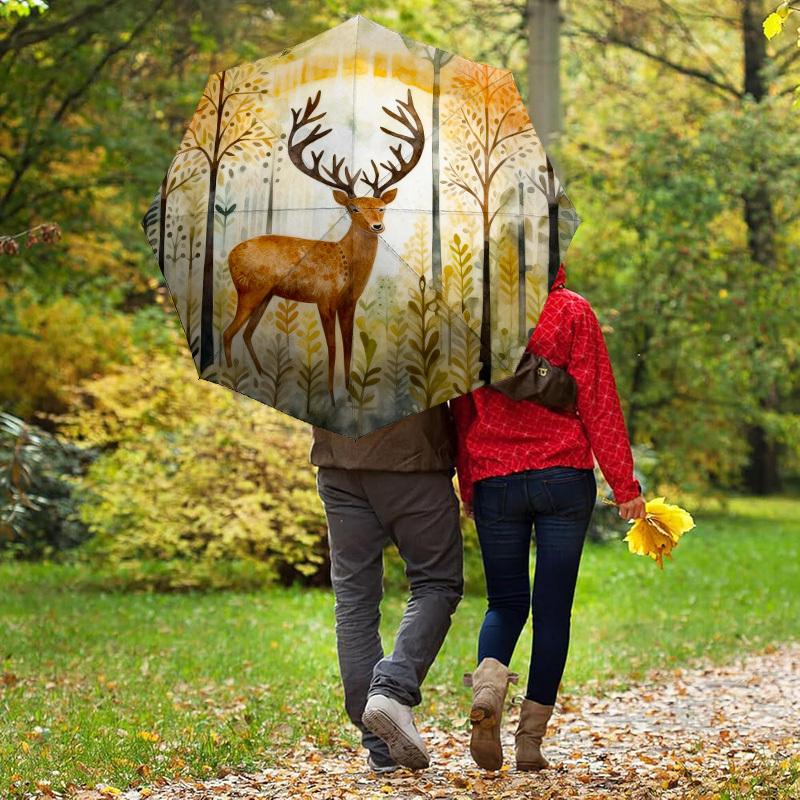 1pc Deer Forest Automatic Folding Umbrella, Heavy Duty 8 Rib Iron Frame,  Suitable for Travel, Daily Use, Birthday, Decor Gift  15