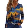 Women's Long Sleeve V-Neck T-Shirt with Button and Halloween Print Casual Top