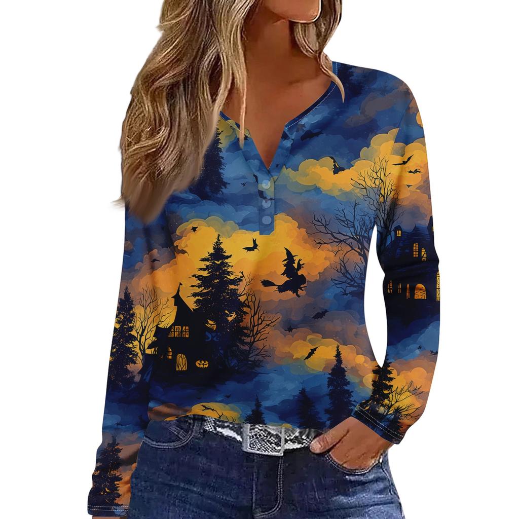 Women's Long Sleeve V-Neck T-Shirt with Button and Halloween Print Casual Top