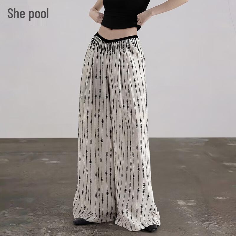 Women s Elastic Waist Striped Wide-Leg Pants L