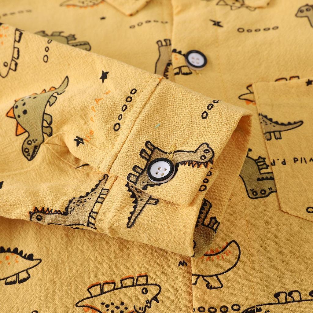 Boys' Dinosaur Print Two-Piece Set: Lapel Long Sleeve Top & Elastic Denim Pants