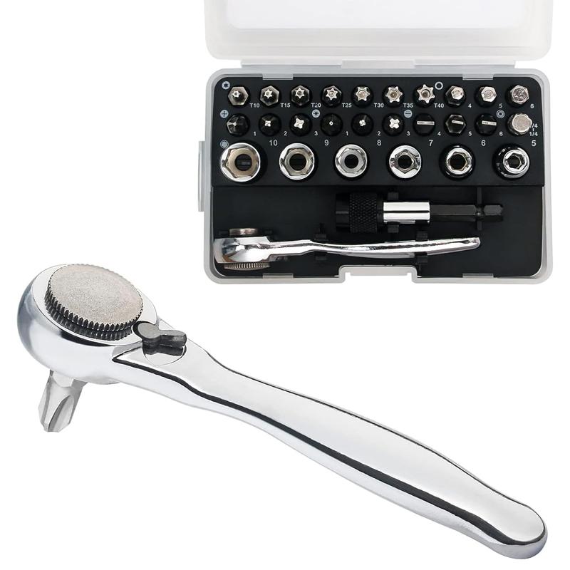 28/32 in 1 Mini Ratchet Wrench Set with Right Angle Offset 1/4" 72 Tooth Screwdriver Handle Magnetic Torx Bit for Tight Spaces