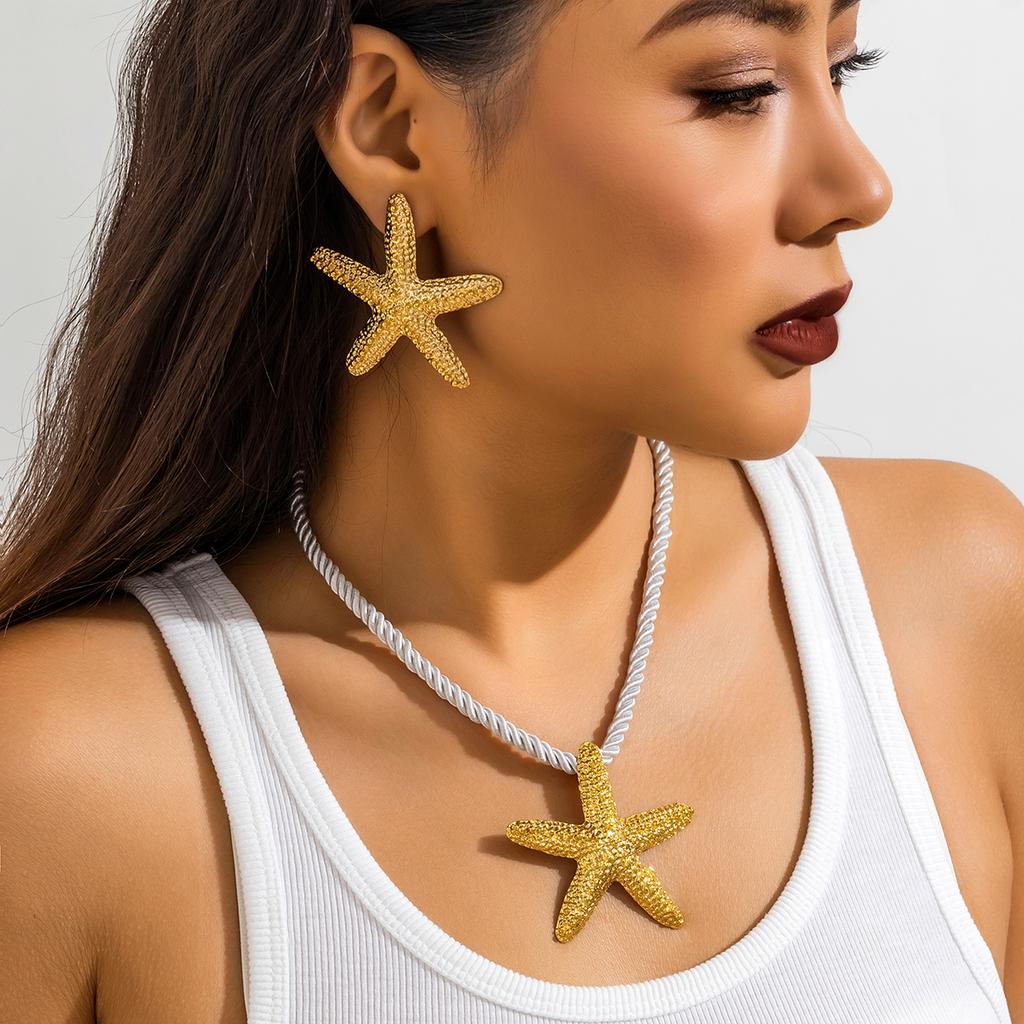 Exaggerated Boho Metal Big Starfish Star Pendant Choker Necklace Women Summer Punk White Chunky Chain Y2K Jewelry Accessories