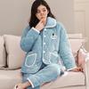 Womens Coral Fleece Quilted Pajama Set Winter Warm Flannel Loungewear