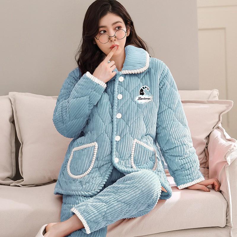 Womens Coral Fleece Quilted Pajama Set Winter Warm Flannel Loungewear