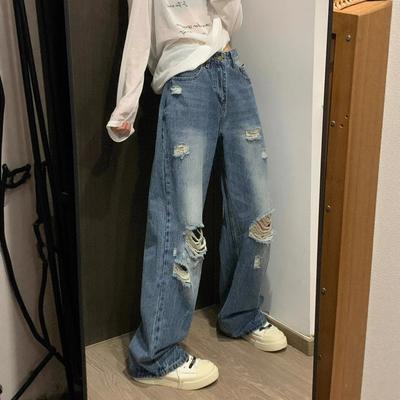 Retro Blue Holes Loose Straight Jeans Women's Early Fall Washed High-waisted Skinny Dragging Wide-legged Pants Retro Baggy Long Jeans for Ladies
