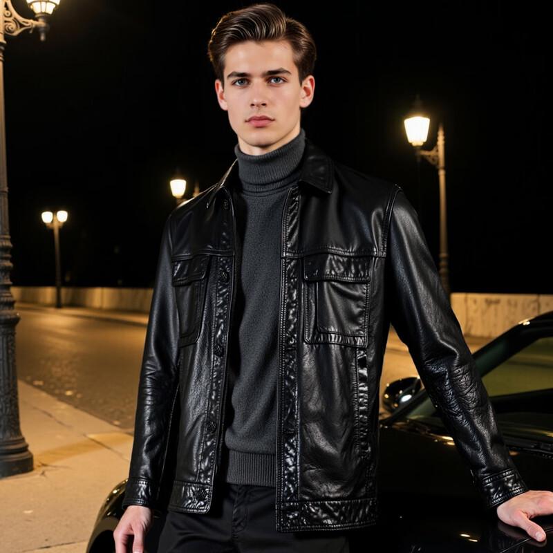 Futing Men's Biker Style Lapel Leather Jacket