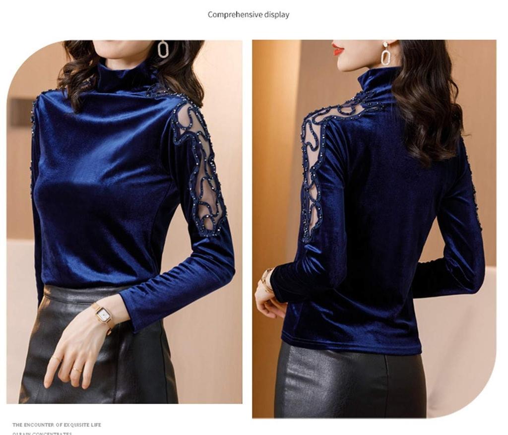 Mouhoukyo Guld Sammet Hög Hals Långärmad Genomskinlig Smal Elegant och Finns i 3 Färger Storlek Dam Topp, T-shirt, Underkläder, Bardot