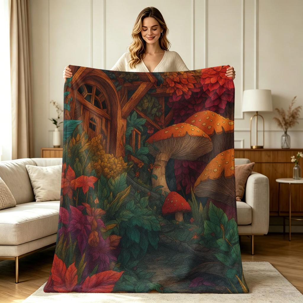 Soft Warm Flannel Blanket Enchanted Forest Cottage Mushroom Floral Print All Season Throw Blanket for Sofa Couch Bedroom Living Room Office Home Decor