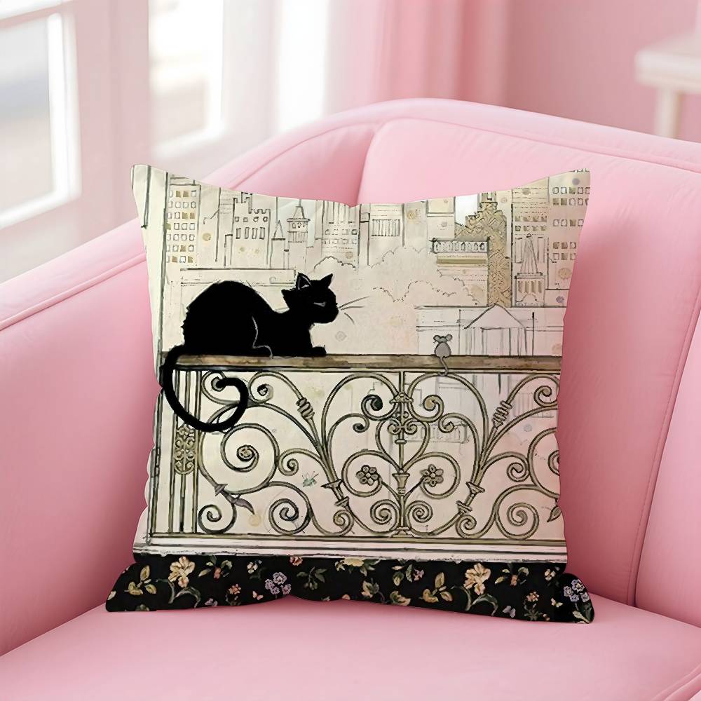 Cartoon Little Black Cat Cute Pillow Case Pattern Printed Pillowcase For Living Room Sofa Cushion Cover & Bedroom Decor