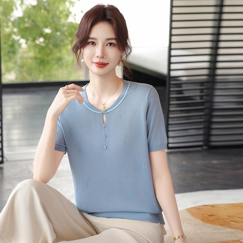 

New Arrival: Ice Silk Short-Sleeve T-shirt - Stylish Chinese Design for Mother s Day, Perfect for Middle-Aged & Elderly Women XL (recommend 50-55 kg) светло-синий