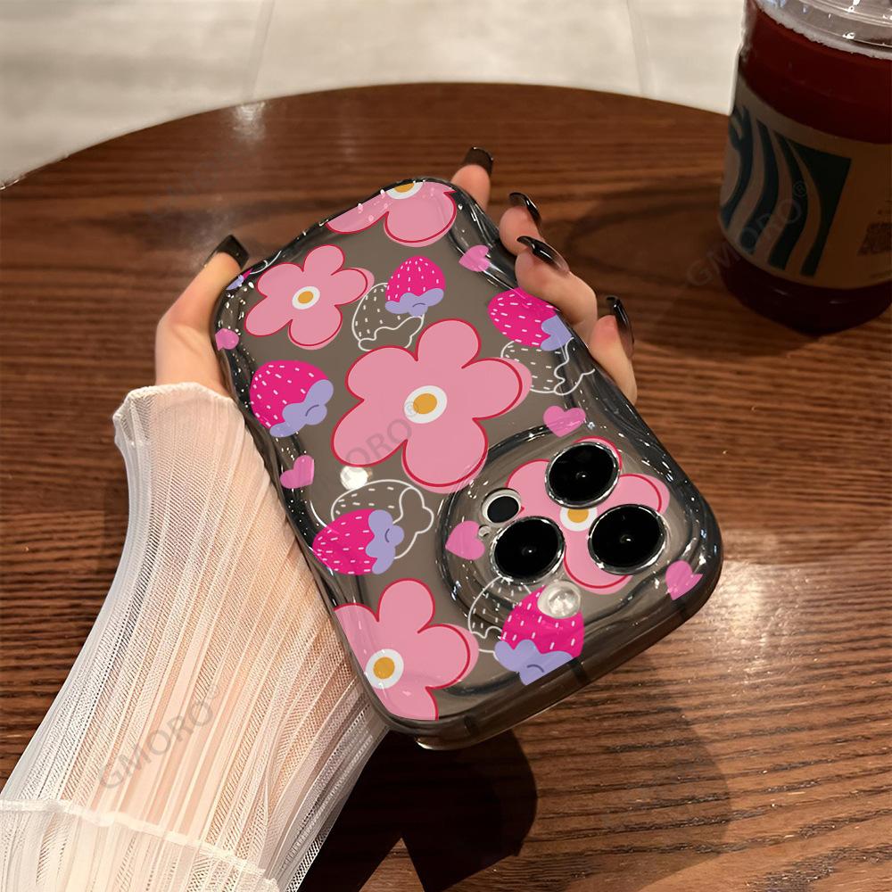 Pink Strawberry Flower Applies To Apple 17promax Mobile Phone Case Iphone15 Airbag 14P Anti-drop Protective Case