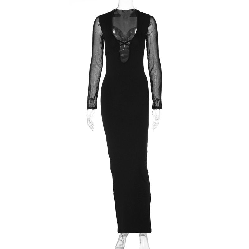 

Outfitgirl Front and Back Wearable Deep V Lace-up Mesh Long Sleeves Dress Elegant Black Skinny Slimming Dress Black L