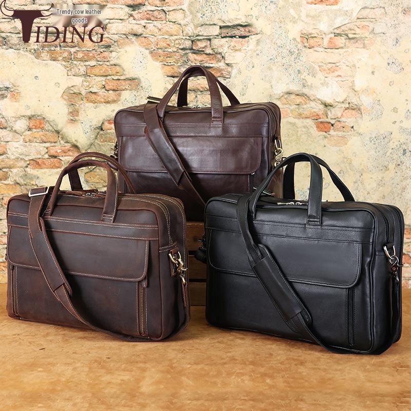 Genuine Leather Men's 17-inch Laptop Briefcase, Crossbody Cowhide Commuter Bag