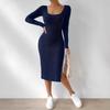 Women's Knitted Dress Square Neck Long Sleeves Hem Slit Brushed Dress