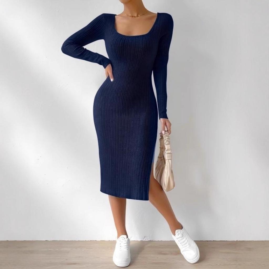 Women's Knitted Dress Square Neck Long Sleeves Hem Slit Brushed Dress