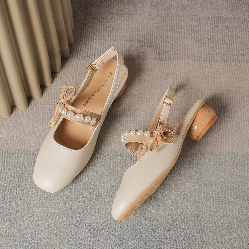 Fashion 2025 New Women Vulcanized Sandals Open Back Round Toe Pearl Bow 3cm Wooden Heel Fashion Casual Summer Shoes