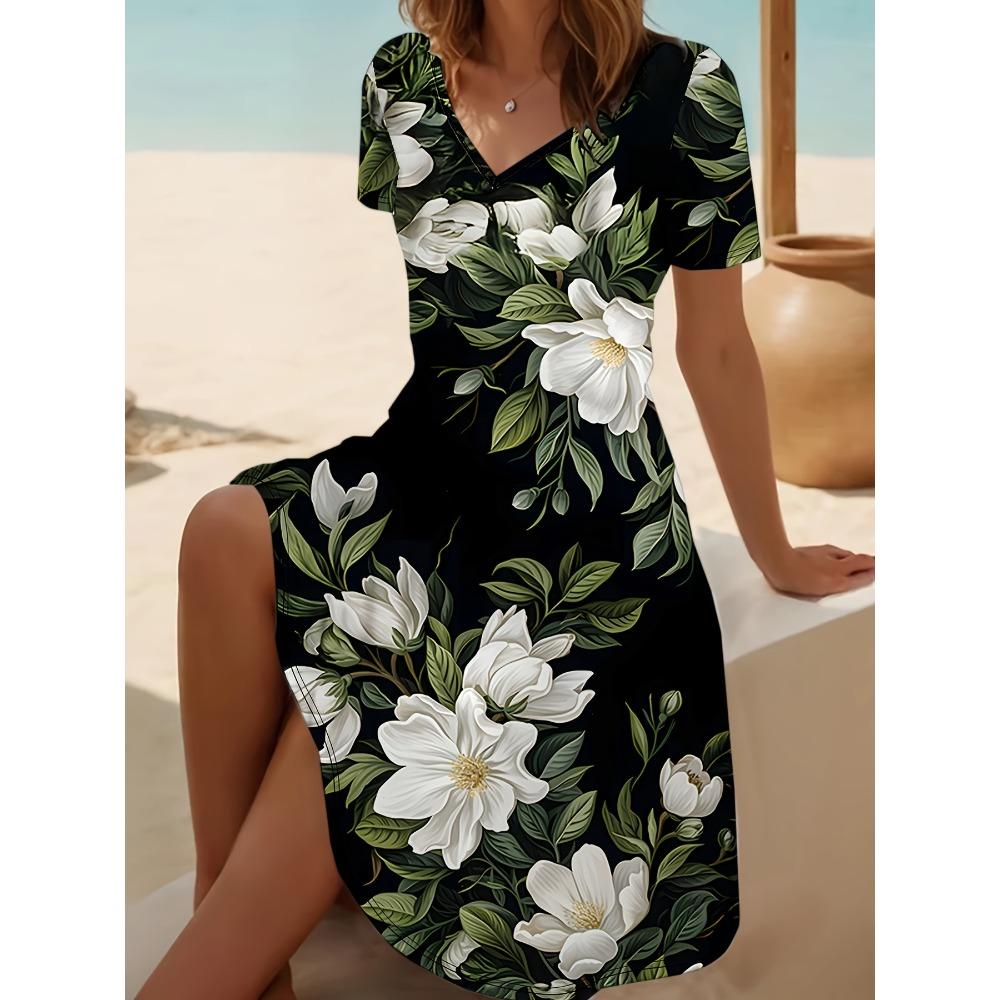 Women s Plus Size Floral Short Sleeve Round Neck Dress 2XL