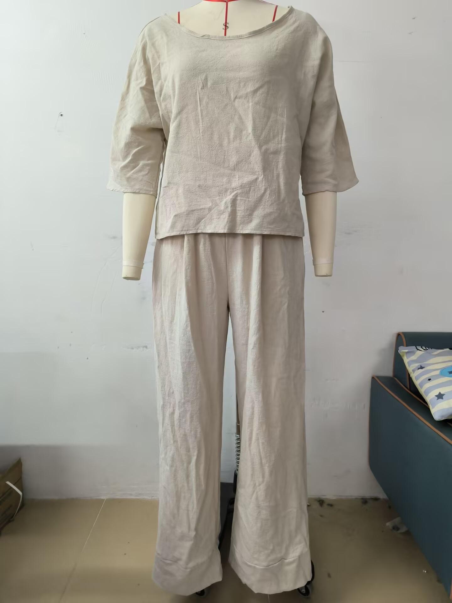 

Комплект из 2 предметов, летний женский спортивный костюм из хлопка и льна, короткий рукав, верх, свободные брюки S светло-серый