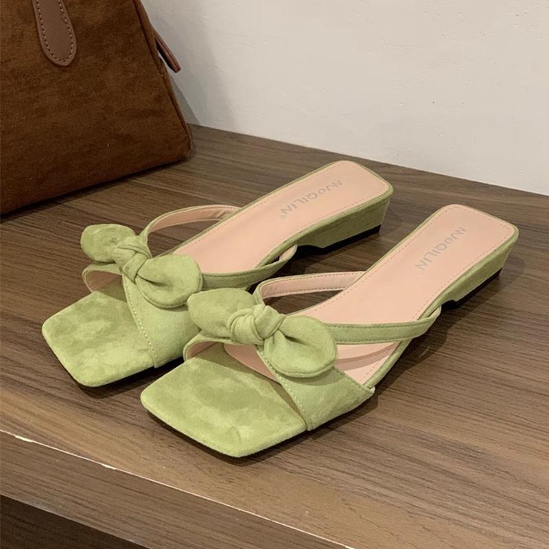 Fashion SUOJIALUN 2025 Summer New Women Slipper Fashion Bow-knot Slip On Slides Shoes Square Low Heel Outdoor Dress Sandal Shoes