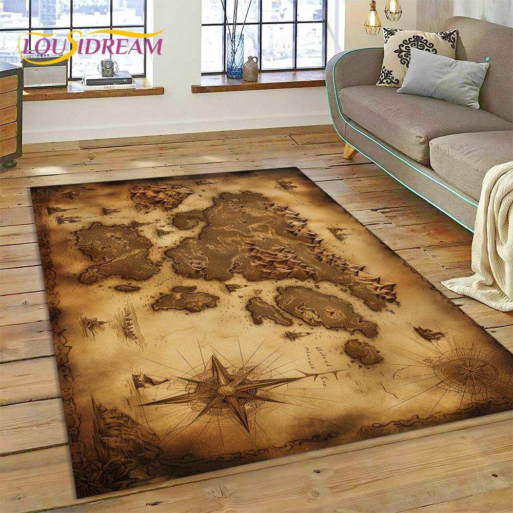 Ancient Nautical Chart World Map Compass Rug Carpet for Living Room Bedroom Decor,Floor Mat Non-slip Decoration for Sofa Doormat