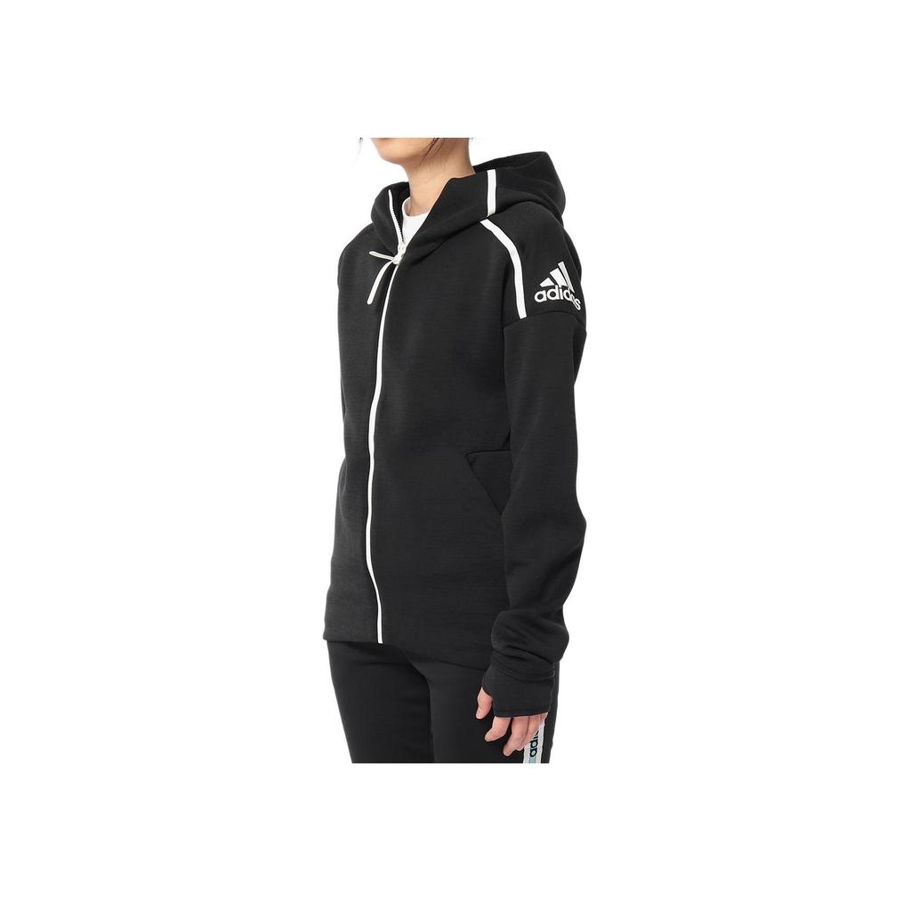 adidas Women's Black Logo Print Long Sleeve Zip Hooded Jacket EA2103