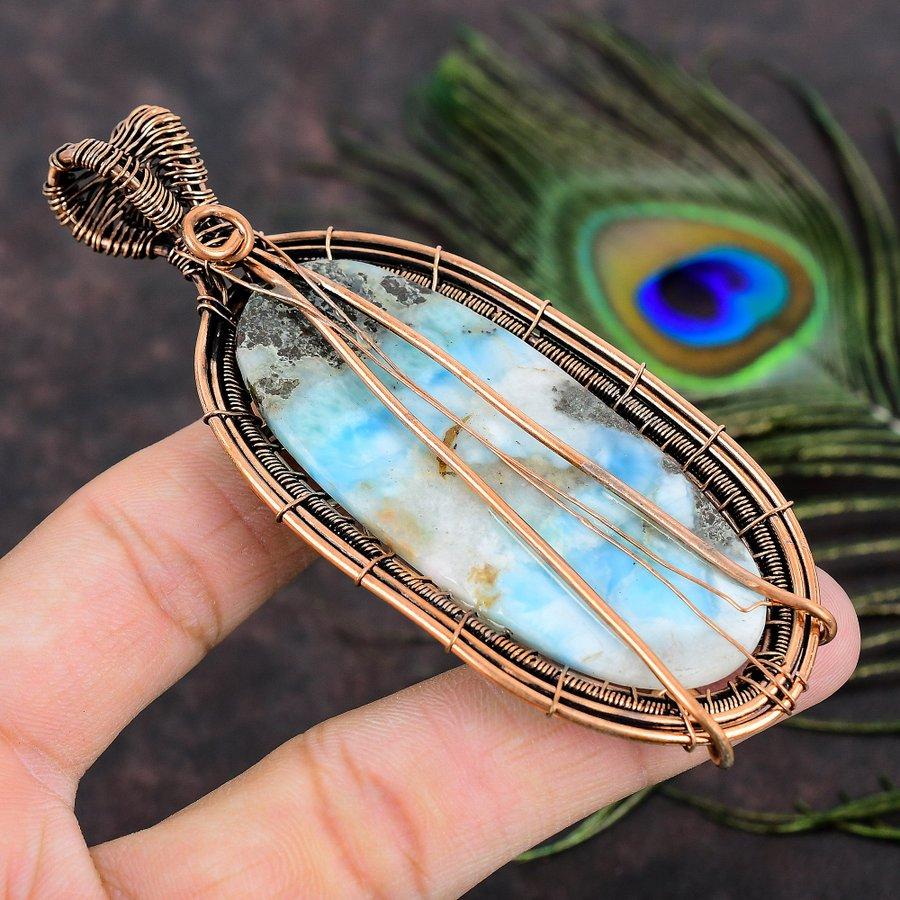 Natural Caribbean Larimar Gemstone Copper Wire Wrap Gift Pendant 3.86 o7S80