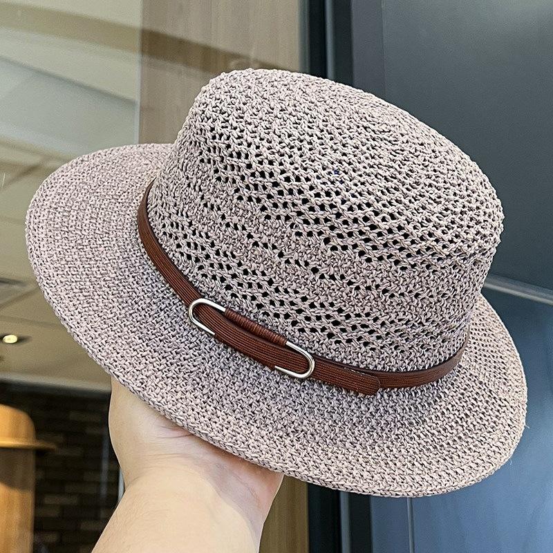 Belt Buckle Flat Top Straw Hat Retro Women'S Summer Uv Protection Sun Hat Hollow Breathable Vacation Sun Protection Top Hat