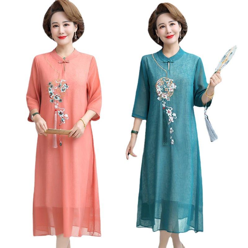 2022 Embroidered Chiffon Cheongsam Hanfu Dress - Summer Ethnic Style for Middle-Aged & Elderly Mothers