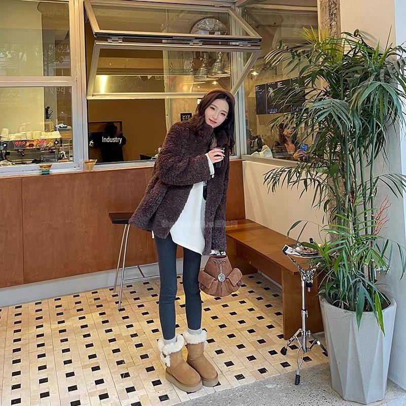 Sangpo Women's Shearling Duffle Coat Snow Boots - Warm Mid-Calf, Thick Sole, Furry Winter Cotton Boots