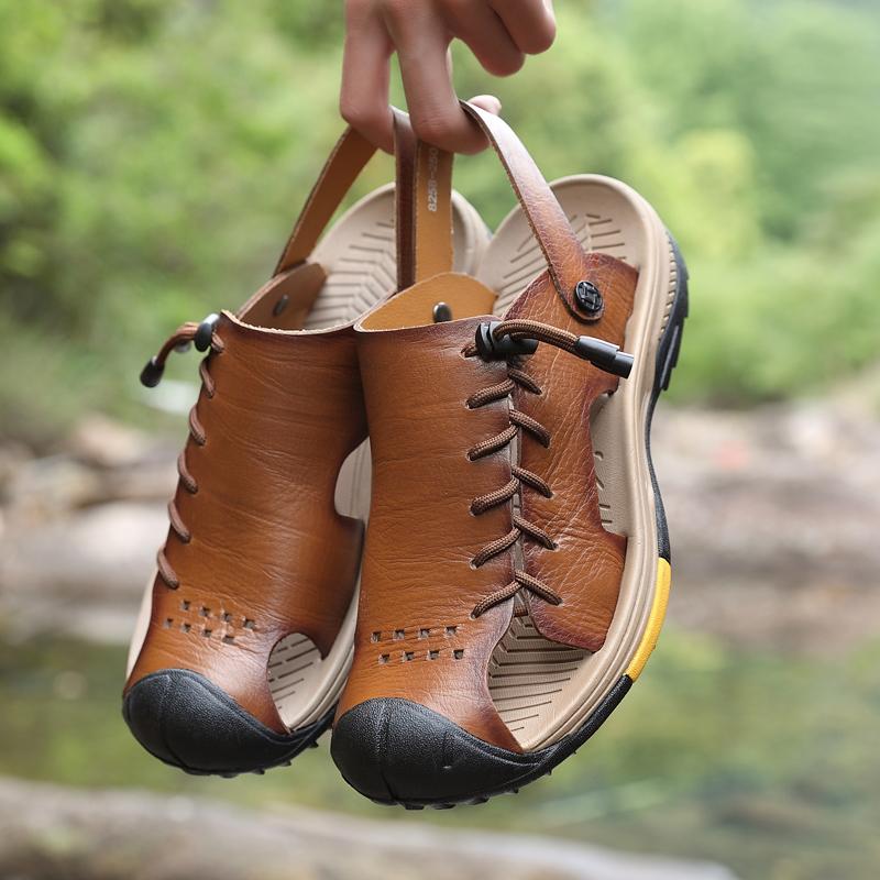 

TUINANLE Men s Hiking Sandals Waterproof Arch Support Water Shoes Anti-Slip Beach Summer Sandals Adjustable Leather Slippers 46 хаки