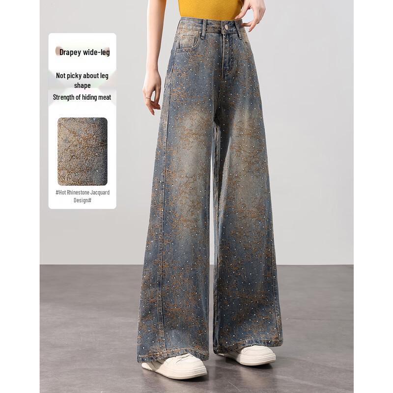 TERRE BLEUE Jacquard Rhinestone Wide-Leg Jeans for Women M