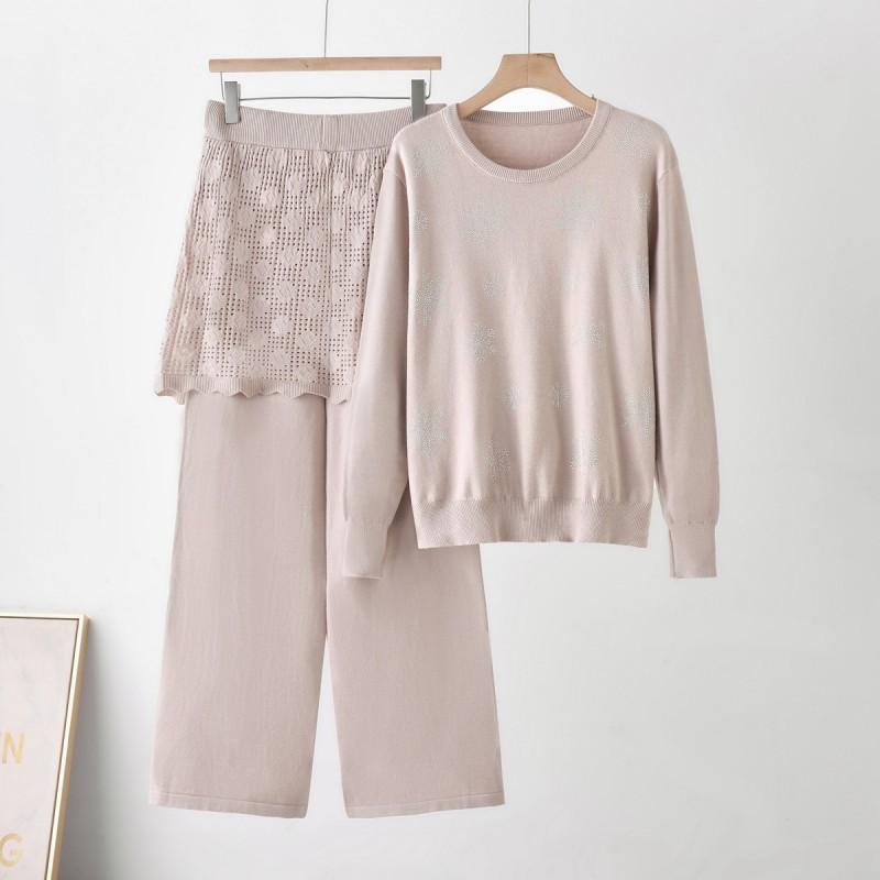 Womens Winter Knit Set: Round Neck Sweater With Rhinestone Embellishment Straight Leg Pants