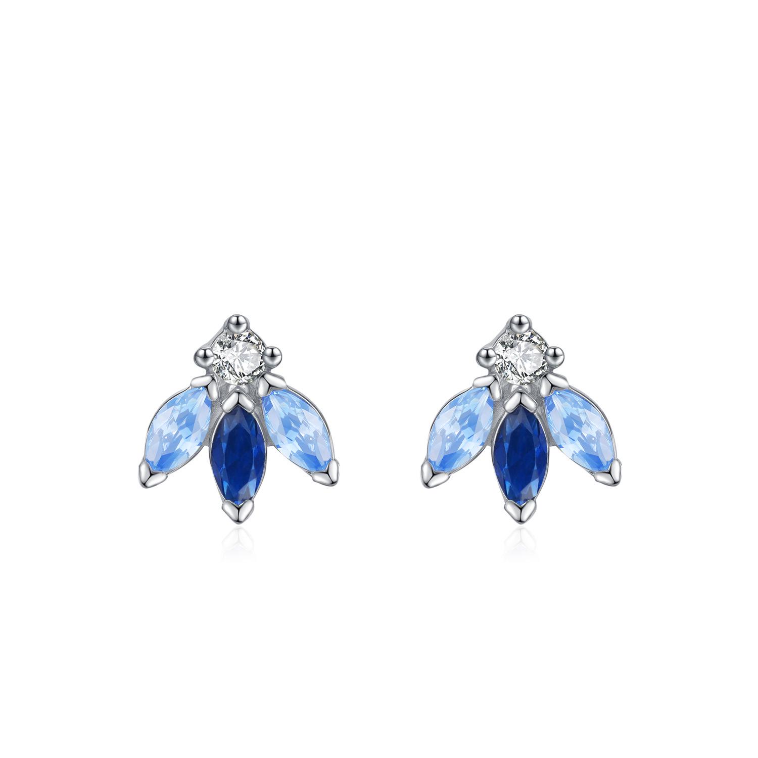S925 Sterling Silver Gradient Blue Bee & Clover Stud Earrings, Women s Japanese-Korean Style 925 Silver