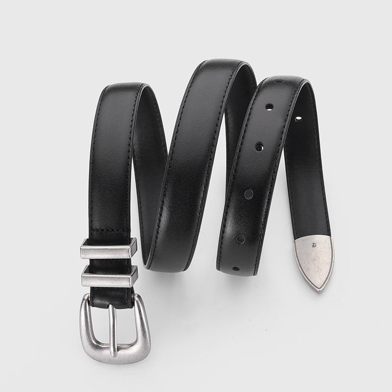 Ceinture pour femme en cuir véritable avec boucle fer à cheval, polyvalente, amincissante et tendance style coréen pour jeans, cuir de vache noir.